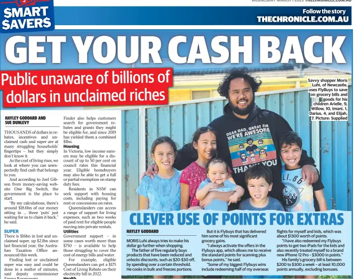  ?? ?? Savvy shopper Moris Luhi, of Newcastle, uses FlyBuys to save on grocery bills and goods for his children Arielle, 9, Willow, 10, Imani, 1, Darius, 4, and Elijah, 7. Picture: Supplied