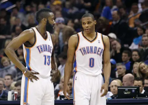  ?? The Associated Press ?? FAMILIAR FACES Former Oklahoma City Thunder stars James Harden, left, and Russell Westbrook are reuniting in Houston. It’s a neat story, but both guards have changes to make for the trade to work.