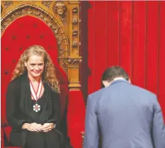  ?? — GETTY IMAGES ?? Prime Minister Justin Trudeau bows to new Gov. Gen. Julie Payette in Ottawa in 2017. Payette is being investigat­ed for workplace harassment.