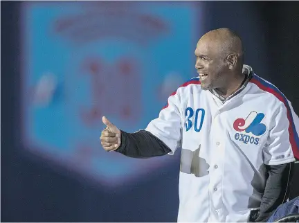  ?? DAVE SIDAWAY ?? Former Montreal Expos Tim Raines was congratula­ted on making to the Baseball Hall of Fame prior to the start of the Pittsburgh Pirates-Toronto Blue Jays preseason game at Olympic Stadium on Friday.