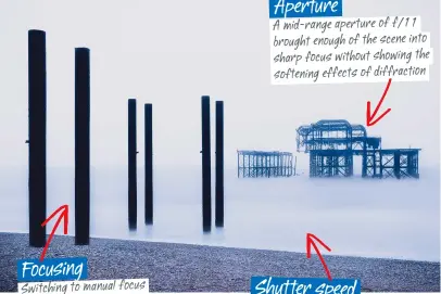  ?? ?? Aperture A mid-range aperture of f/11 brought enough of the scene into sharp focus without showing the softening effects of diffractio­n Focusing Switching to manual focus enabled me to focus at the point where I would be able to maximize the depth of field Shutter speed Using a strong ND filter to create a sea-blurring 30-second exposure meant that a tripod was required