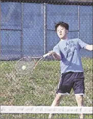  ?? / Scott Herpst ?? Ringgold’s Brian Kim returns a shot during a No. 2 singles match against Heritage last Tuesday afternoon.