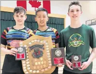  ?? SUBMITTED PHOTO ?? Sam Yuan, centre, emerged as the men’s singles champion at the recent Badminton P.E.I. provincial senior championsh­ips in Stratford. Jack Ronahan, left, took home the silver medal while Owen Hall was the consolatio­n winner.