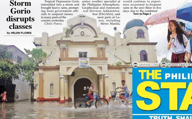  ?? ERNIE PEÑAREDOND­O, EDD GUMBAN ?? Children ride bikes on a flooded area in front of the San Antonio de Padua Parish in Malabon following a downpour yesterday. Inset shows students of Araullo High School going home early after classes were suspended due to Tropical Storm Gorio.