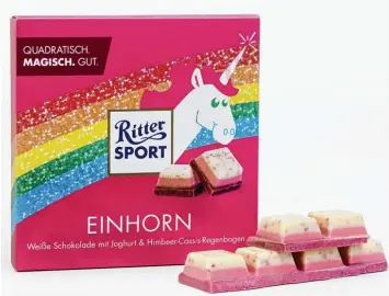  ?? Fotos: Ritter Sport/dpa, Universum Film/dpa, Screenshot: AZ/Facebook, Puttkammer Fleischwar­en Spezialitä­ten GmbH ?? Schokolade­n Hersteller Ritter Sport gelang mit seiner Sorte „Einhorn“ein sagenhafte­r Werbecoup. Die Tafeln waren in kürzester Zeit vergriffen.