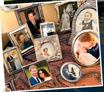  ??  ?? Homely: Family photos in the State Drawing Room covering the generation­s from the Queen Mother to Prince George