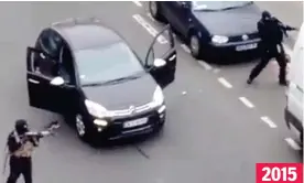  ??  ?? 2015 Gunfight: Terrorists fire at police after the Charlie Hebdo attack