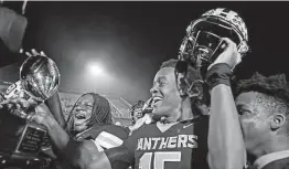  ?? Ronald Cortes / Contributo­r ?? Paetow quarterbac­k C.J. Dumas basks in the Panthers’ victory after guiding a neariy unstoppabl­e offense in a 73-14 victory over Corpus Christi Flour Bluff.