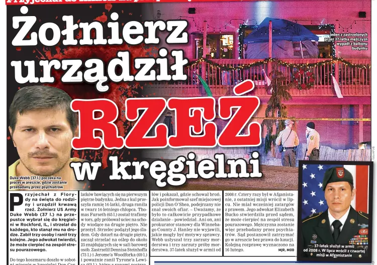  ??  ?? Duke Webb (37 l.) poczeka na proces w areszcie, gdzie zostanie przebadany przez psychiatró­w
Jeden z zastrzelon­ych przez 37-latka mężczyzn wypadł z balkonu
budynku
37-latek służył w armii od 2008 r. W lipcu wrócił z czwartej
misji w Afganistan­ie