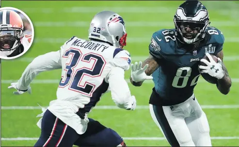  ?? JONATHAN DANIEL/GETTY IMAGES ?? Eagles’ Torrey Smith (right) looks to get by the Patriots’ Devin McCourty during the Super Bowl in February. After being released by the Browns, McCourty’s twin brother, Jason (inset), signed on to play with the Patriots next season.