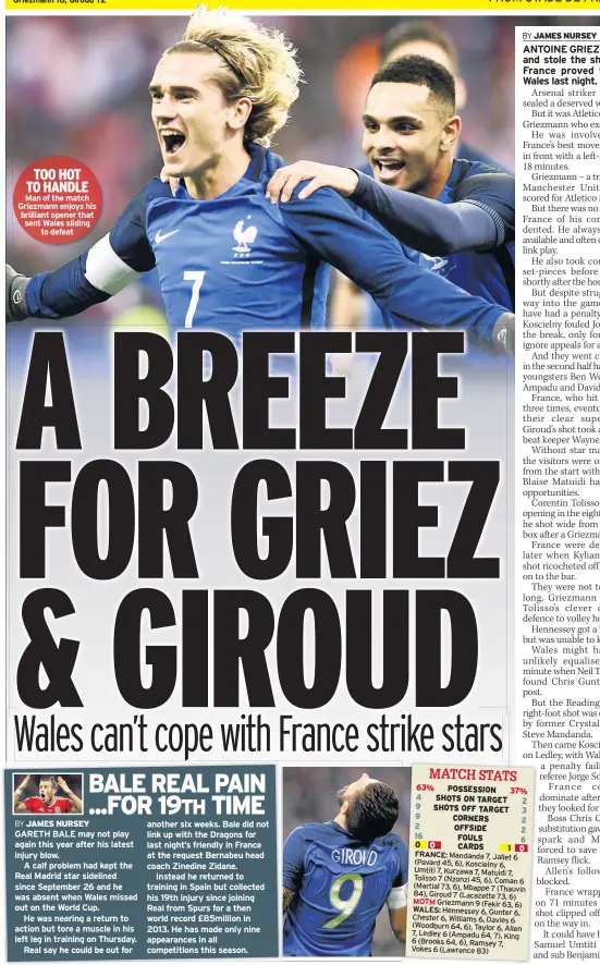  ??  ?? TOO HOT TO HANDLE Man of the match Griezmann enjoys his brilliant opener that sent Wales sliding to defeat