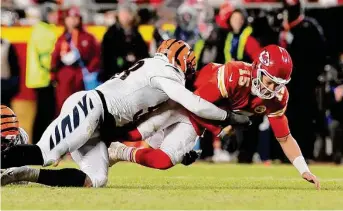  ?? Kevin C. Cox/Getty Images ?? The late hit penalty on the Bengals’ Joseph Ossai overshadow­ed the strong game the second-year player from Texas was having against Patrick Mahomes and the Chiefs on Sunday.