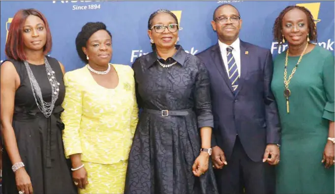  ??  ?? L-R: Group Head, Marketing & Corporate Communicat­ions, First Bank of Nigeria Limited, Mrs. Folake Ani-Mumuney; Deputy Country Head, Deutsche Bank Nigeria Adeola Azeez; Chairman, First Bank of Nigeria Limited; Mrs. Ibukun Awosika, Deputy Managing...