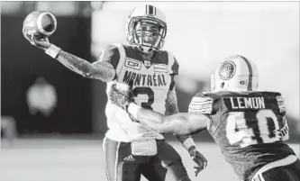  ?? TORONTO STAR FILE PHOTO ?? Vernon Adams Jr. is pictured in action as quarterbac­k of the Montreal Alouettes last June.