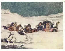  ??  ?? A mail coach gets stuck in a snowdrift near Aylesbury in Buckingham­shire in the 1830s