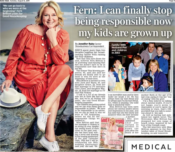  ??  ?? ‘We can go back to who we were at the beginning’: Fern Britton poses for Good Housekeepi­ng Family: With husband Phil and children in 2003