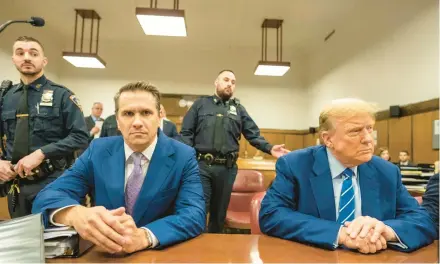  ?? MARK PETERSON/POOL ?? Former President Donald Trump awaits the start of proceeding­s Tuesday in a New York courtroom.