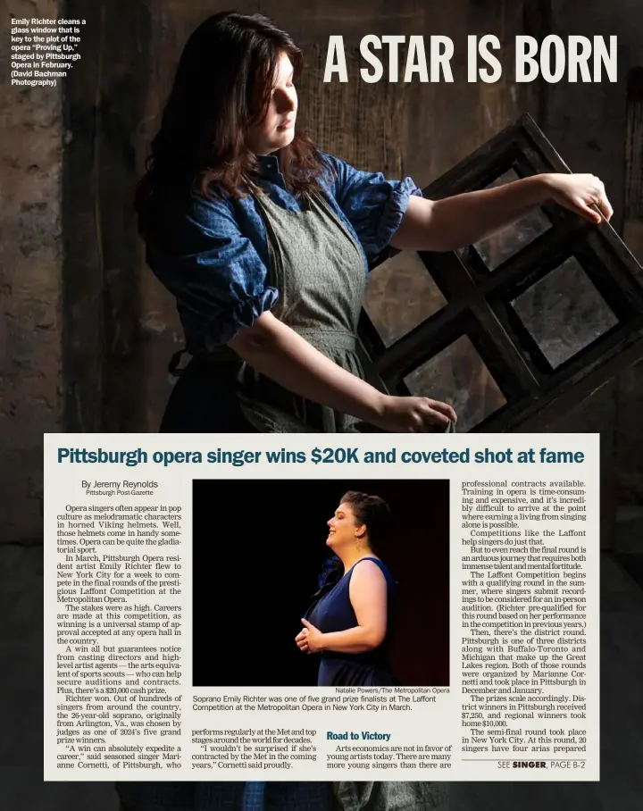  ?? (David Bachman Photograph­y) ?? Emily Richter cleans a glass window that is key to the plot of the opera “Proving Up,” staged by Pittsburgh Opera in February.