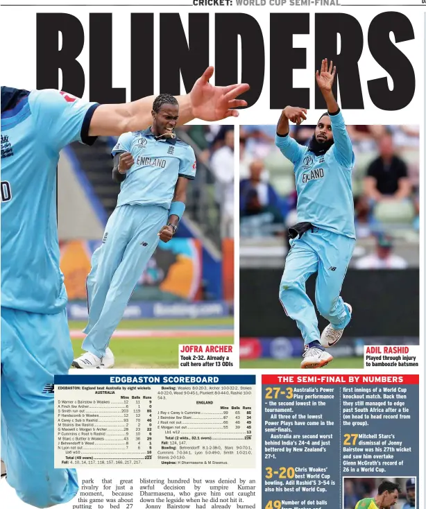  ??  ?? JOFRA ARCHER Took 2-32. Already a cult hero after 13 ODIs ADIL RASHID Played through injury to bamboozle batsmen