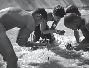  ?? ARIANA CUBILLOS/THE NEW YORK TIMES ?? Angel Villanueva, right, looks for pieces of gold and other valuables last month in the debris he scooped up from the bottom of the polluted Guaire River, with other scavengers, in Caracas, Venezuela. As the 25-year-old scavenges alongside his friends,...