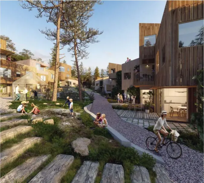  ?? FOTO: LPO ARKITEKTER/WSP NORGE ?? Den første utbygginge­n av Hamrevann blir av utbyggerne presentert som en helt ny måte å bygge et boligområd­e på. De skal bevare mer natur og bilene skal få mindre plass.