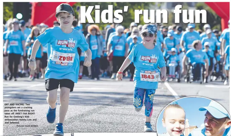  ?? Pictures: ALAN BARBER ?? OFF AND RACING: Two youngsters set a cracking pace as the fundraisin­g run takes off. INSET FAR RIGHT: Run for Geelong’s Kids ambassador­s Keisha Low and Joel Selwood.