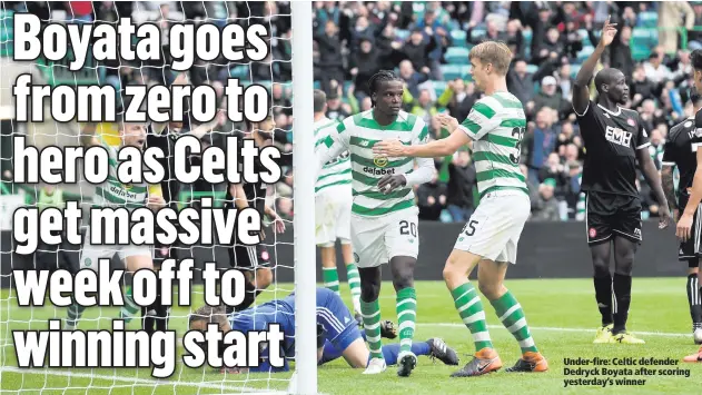  ??  ?? Under-fire: Celtic defender Dedryck Boyata after scoring yesterday’s winner