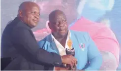  ?? ?? ▲Outstandin­g Coach of the Year Welcome Nhlabatsi receiving his award from Ministry of Sports Portfolio Chairman Sifiso Shabalala Mthethwa.