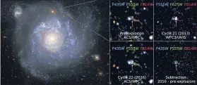  ?? REUTERS ?? The spiral galaxy NGC 1309 (left) before the explosion of a white dwarf star called Supernova 2012Z. On the right, (clockwise from top) the position of the supernova pre-explosion; Supernova 2012Z pictured in 2013; the difference between the pre-explosion images and 2016 observatio­ns; and the location of the supernova in the latest observatio­ns in 2016.