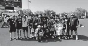  ?? Courtesy photo ?? The Central Catholic boys track and field team celebrates its TAPPS 6A team state championsh­ip Saturday at Waco Midway High School.