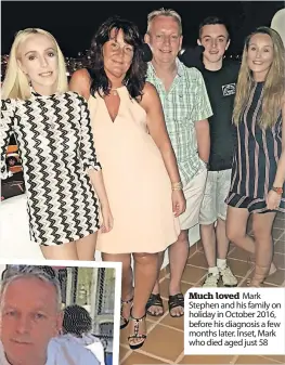  ?? ?? Much loved Mark Stephen and his family on holiday in October 2016, before his diagnosis a few months later. Inset, Mark who died aged just 58