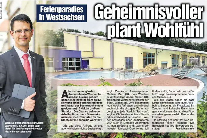  ??  ?? Werdaus Oberbürger­meister Stefan Czarnecki (36, CDU): Seine Stadt bietet für den Ferienpark-Investor ideale Voraussetz­ungen.
