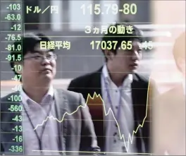  ?? PHOTO: REUTERS ?? Concerned men watch an electronic board showing Japan’s Nikkei stock average and yen exchange rate against the dollar. Japan is set to delay an unpopular sales tax increased.