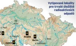  ??  ?? Správa úložišť radioaktiv­ních odpadů prováděla
povrchový průzkum v devíti lokalitách. Z nich nyní vybrala čtyři, které z měření vyšly nejlépe:
Březový potok na Klatovsku
Horka na Třebíčsku
Hrádek na Jihlavsku
Janoch u Temelína Na těchto lokalitách by měl být nejpozději v roce 2023 zahájen další průzkum, který prozradí, jak to skutečně pod povrchem vypadá.
Z lokalit by se měly vybrat dvě – jedna finální a jedna záložní. V polovině století by se mělo začít s výstavbou hlubinné laboratoře a samotného
úložiště. Vyhořelý radioaktiv­ní odpad by se měl začít ukládat v roce 2065 do hloubky zhruba půl kilometru.
Úložiště jaderného odpadu řeší země po celém světě a jsou v různém stadiu připraveno­sti. Nejdál jsou Finové, kteří první jaderný odpad uloží pod zem v roce 2025. Projekty řeší i v USA, Francii, Švýcarsku, Kanadě, Rusku, Maďarsku, Číně nebo Japonsku. Hlubinné úložiště ale plánují i Němci, přesto, že se rozhodli od jádra odejít. Bude totiž nutné postarat se o ty zdroje, které jsou nyní v provozu.
Plzeň
Praha
JE TEMELÍN České Budějovice
JE DUKOVANY
Brno