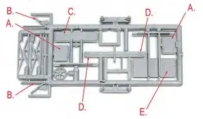  ??  ?? The second sprue with platforms and detailing parts. Note the hopper chute end plates which have to be fettled to fit (A); the outer bracing for the wagon hopper (B); the end platforms with their orientatio­n letters (C) and (E) alongside the internal hopper bracing with orientatio­n letters (D).