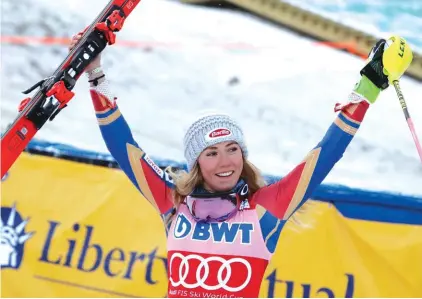  ?? Photo: AP ?? Mikaela Shiffrin, of the US, celebrates after completing her second run for a first place finish