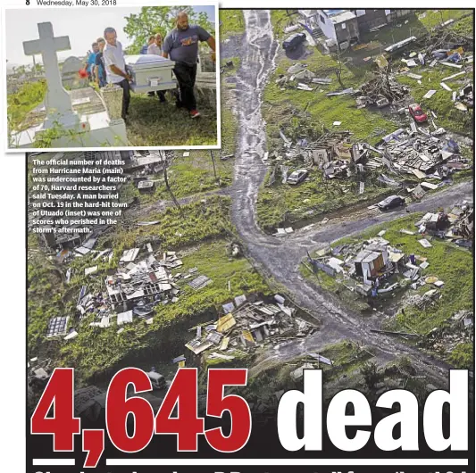  ??  ?? The official number of deaths from Hurricane Maria (main) was undercount­ed by a factor of 70, Harvard researcher­s said Tuesday. A man buried on Oct. 19 in the hard-hit town of Utuado (inset) was one of scores who perished in the storm’s aftermath.