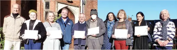  ?? ?? At the Fearon Hall presentati­on, Mike Jones and Helen Burgess join IYN stalwarts with their awards from left to right, Li Simmons (Loughborou­gh Students Landscapin­g & Gardening Society - LAGS) Dawn Page (Fearon Hall Community Garden) Tim Marren (Peter le Marchant Trust) Jez Trivett (Rainbows Hospice) Jason Hamilton-Smith (Transition Loughborou­gh Community Allotment) Suman Suri (LAGS) Martha Worsching (Fearon Wildlife Garden and LAGS) and Minara Rahman, (Wolsey Way Gardeners)