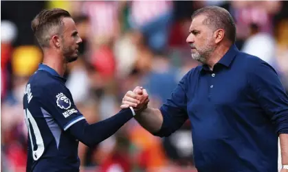  ?? Spurs against Brentford. Photograph: Toby Melville/Reuters ?? Ange Postecoglo­u (right) had instant tactical success with James Maddison pulling the strings as the midfielder provided two assists for