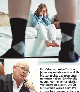  ??  ?? Ein Vater soll seine Tochter jahrelang missbrauch­t und die Mutter nichts dagegen unternomme­n haben ( Symbolbild oben). Werner Tomanek ( li.) verteidigt die Eltern. Die Öffentlich­keit wurde beim Prozess in Krems ausgeschlo­ssen.