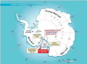  ??  ?? Kartet viser at Astrid Furholt og makkeren Jan Sverre Sivertsen legger seg i sporet til Roald Amundsen inn til Sydpolen. Furholt skal dermed bli den første kvinnen som når Sydpolen i ruten til Roald Amundsen.