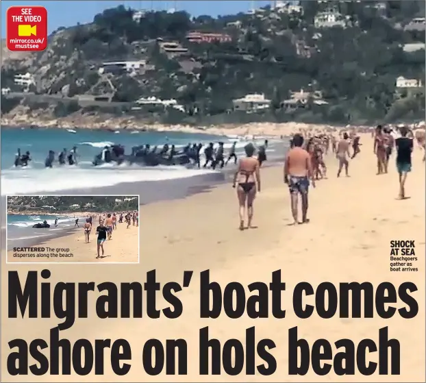  ??  ?? SCATTERED The group disperses along the beach SHOCK AT SEA Beachgoers gather as boat arrives