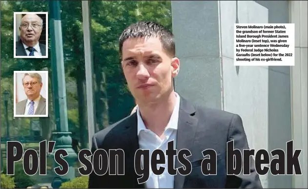  ?? ?? Steven Molinaro (main photo), the grandson of former Staten Island Borough President James Molinaro (inset top), was given a five-year sentence Wednesday by Federal Judge Nicholas Garaufis (inset below) for the 2022 shooting of his ex-girlfriend.