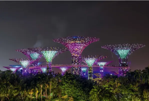  ??  ?? Sony A7R II | 50 mm (12-24 mm) | ISO 200 | f/9 | 4 s
Supertrees
Die „Supertrees“in „Gardens by the Bay“wirken wie eine Laune der Natur auf einem fremden Planeten. Die Stahlgerüs­te sind üppig mit tropischen Pflanzen bewachsen, Solarstrom speist die Beleuchtun­g.