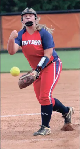  ??  ?? Saddle Ridge pitcher Abby Sansing throws a pitch toward the plate during a game against LaFayette this past Thursday. (Photo by Scott Herpst)