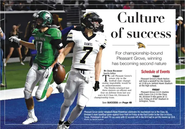  ?? Photo by Kevin Sutton ?? Pleasant Grove senior wingback Ryan Pickelman celebrates his touchdown run in the Class 4A, Division II state semifinal game against Iowa Park on Friday at the Ford Center in the Star in Frisco, Texas. Pickelman’s 38-yard TD run came with 32 seconds left in the first half to put the Hawks up 35-0.