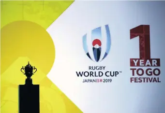 ??  ?? The Webb Ellis Cup is displayed during a kick-off event to mark one year to go to Rugby World Cup 2019 in Tokyo yesterday.