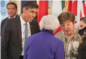  ?? — AFP ?? Britain’s Chancellor of the Exchequer Rishi Sunak speaks to Canada’s finance minister Chrystia Freeland (right) on the first day of the G7 Finance Ministers Meeting at Lancaster House in London on Friday.