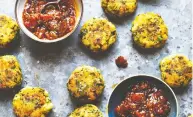  ?? SABRINA GHAYOUR ?? Ghayour’s recipe for golden potato and vegetable cakes
can be adapted to suit ingredient­s you have at home.
