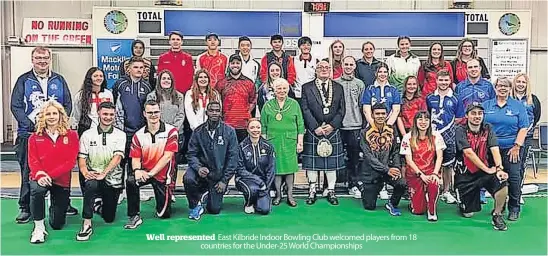  ?? ?? Well represente­d East Kilbride Indoor Bowling Club welcomed players from 18 countries for the Under-25 World Championsh­ips